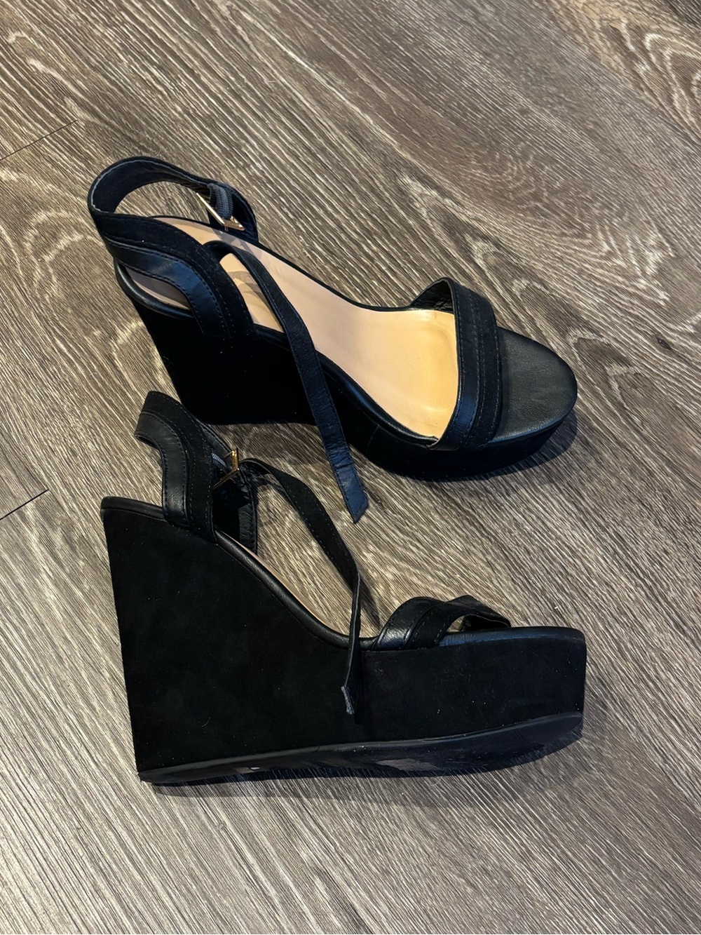 Classic Black Suede Wedge Sandals with Ankle Strap